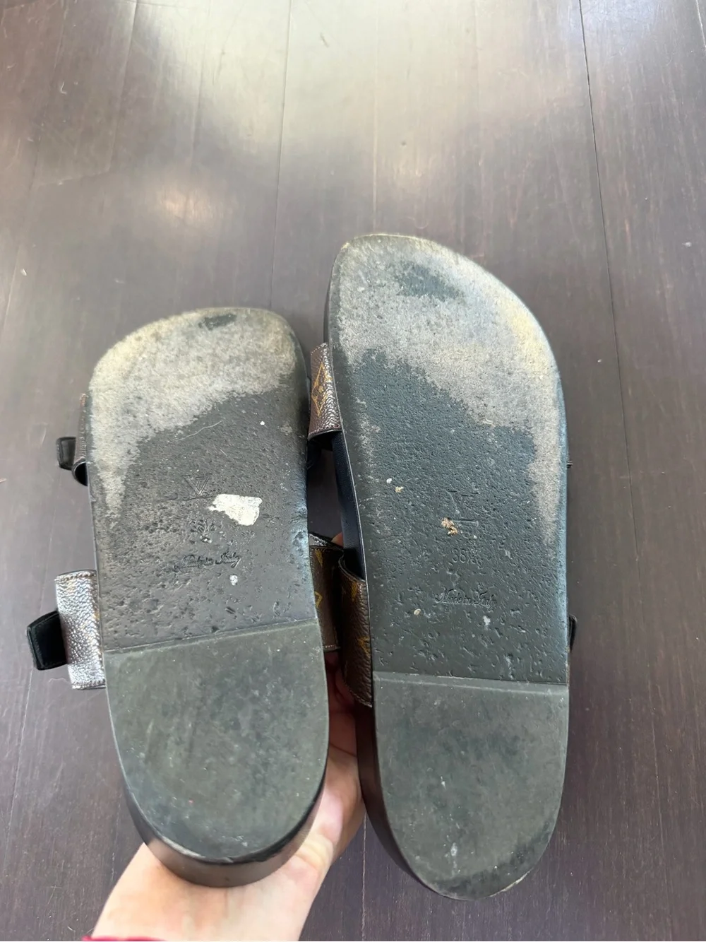 Louis vuitton Canvas Leather Logo Brown Slides Size: 8.5 | IT 38.